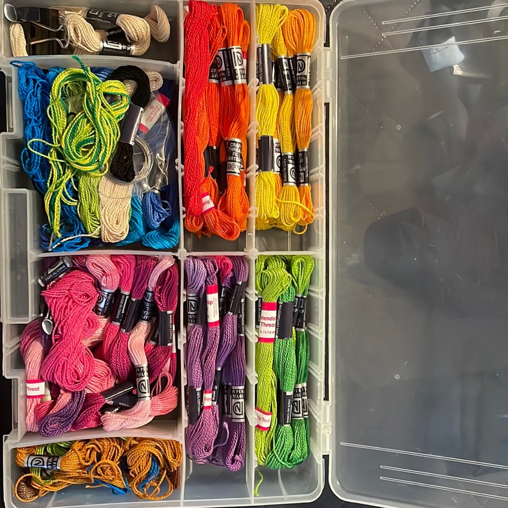 Over 50 Crafting threads and container to hold them in